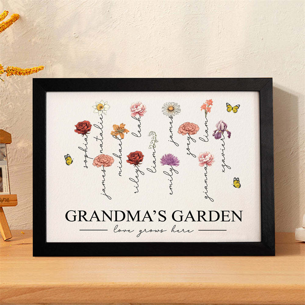 Custom Birth Month Flowers Garden With Grandkids Names Love Grows Here Personalized Wooden Photo Frame Mother's Day Gift - Myphotowallet