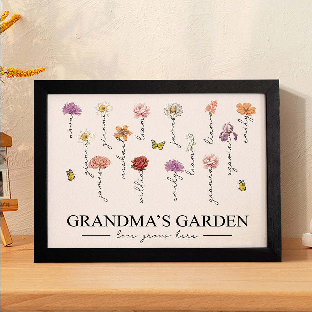 Custom Birth Month Flowers Garden With Grandkids Names Love Grows Here Personalized Wooden Photo Frame Mother's Day Gift - Myphotowallet