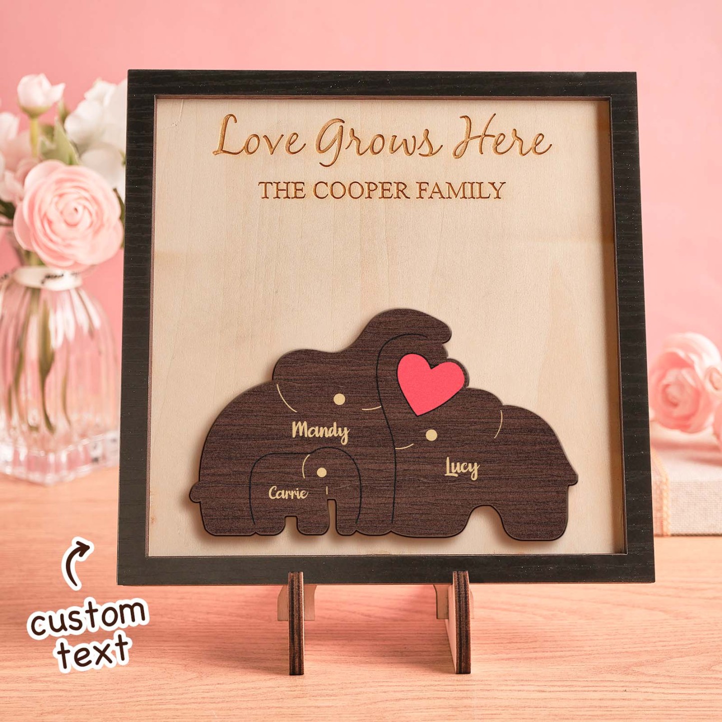 Custom Name Elephant Family Puzzle Wooden Frame Personalized Wooden Home Decorations Motther's Day Gift - NameNecklace - myphotowallet