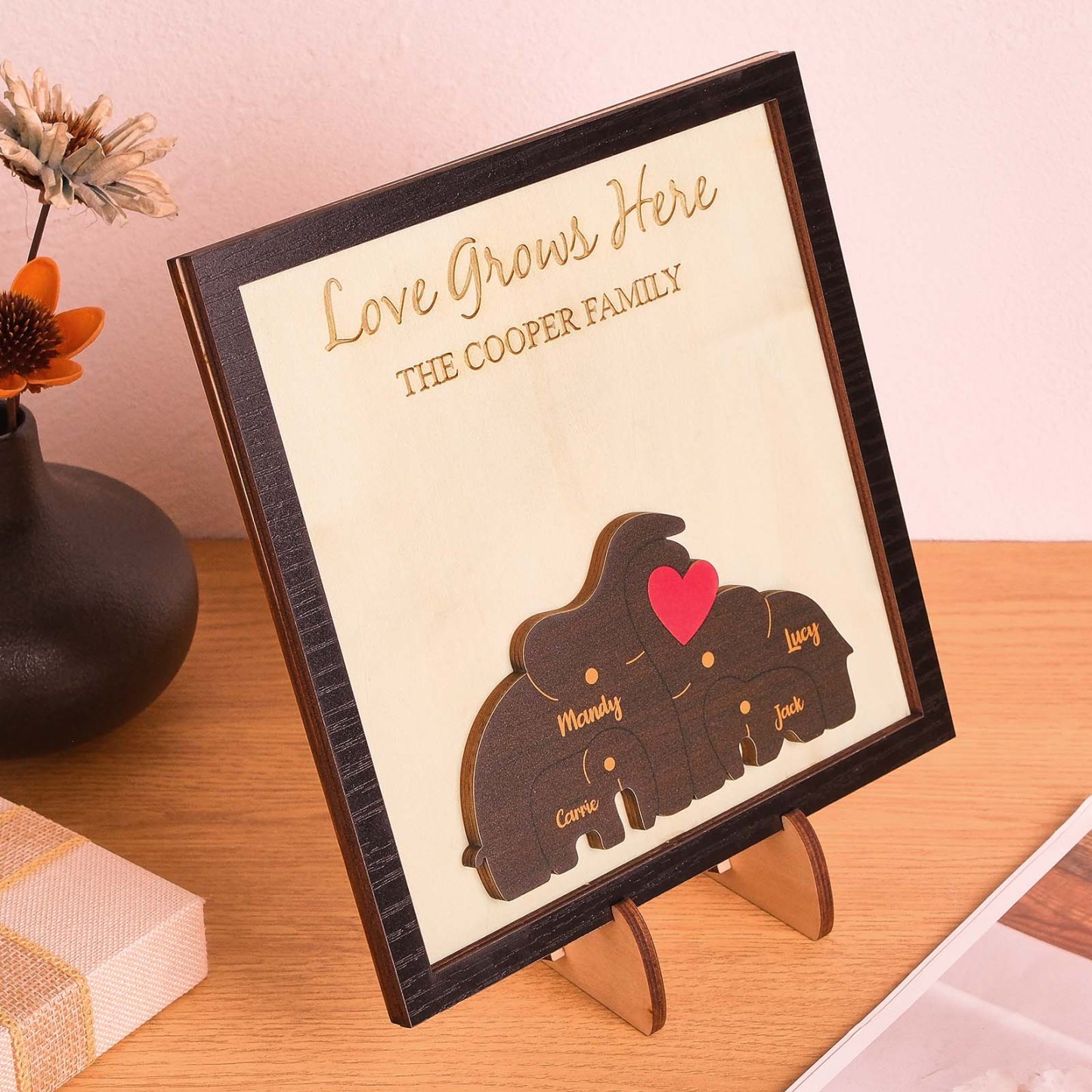 Custom Name Elephant Family Puzzle Wooden Frame Personalized Wooden Home Decorations Motther's Day Gift - NameNecklace - myphotowallet
