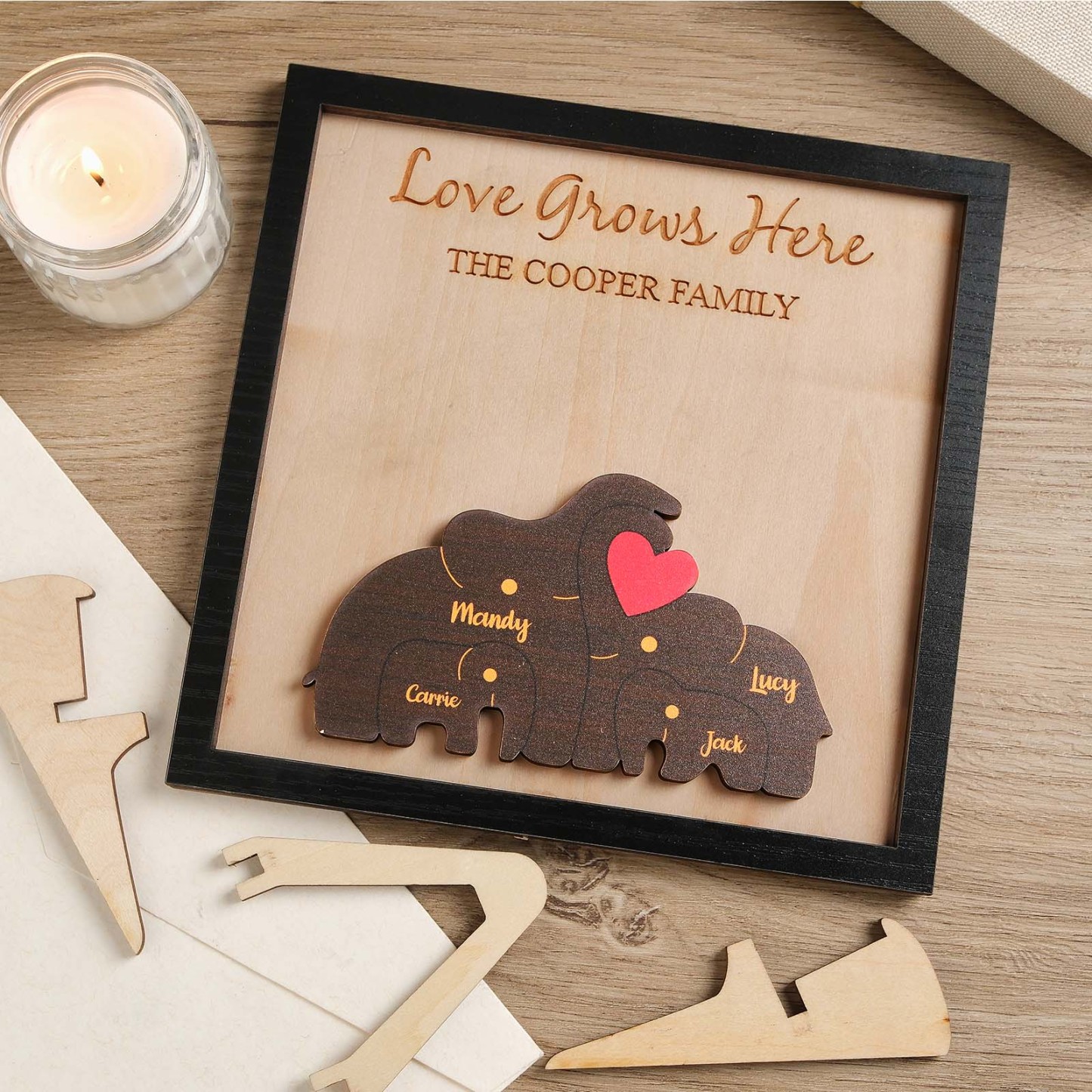 Custom Name Elephant Family Puzzle Wooden Frame Personalized Wooden Home Decorations Motther's Day Gift - NameNecklace - myphotowallet