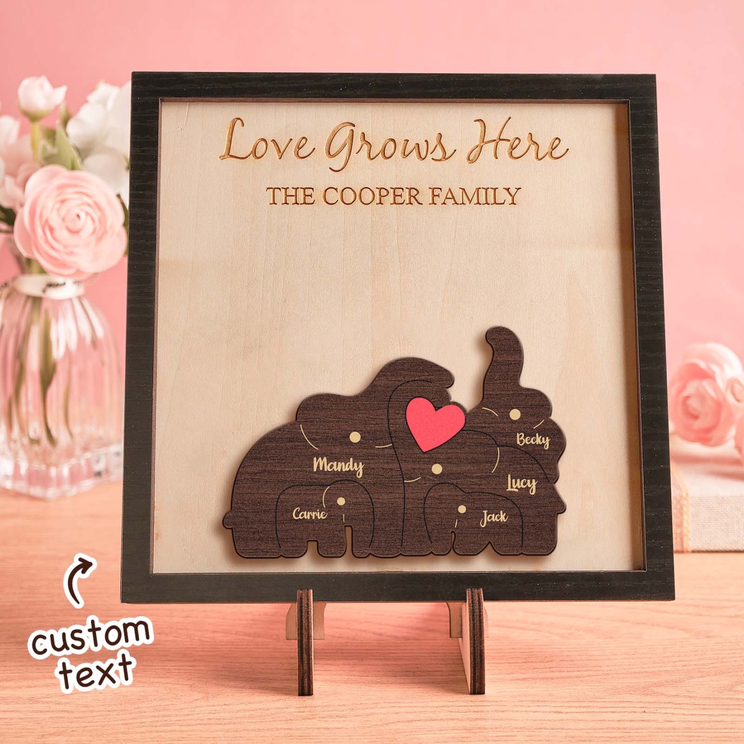 Custom Name Elephant Family Puzzle Wooden Frame Personalized Wooden Home Decorations Motther's Day Gift - NameNecklace - myphotowallet