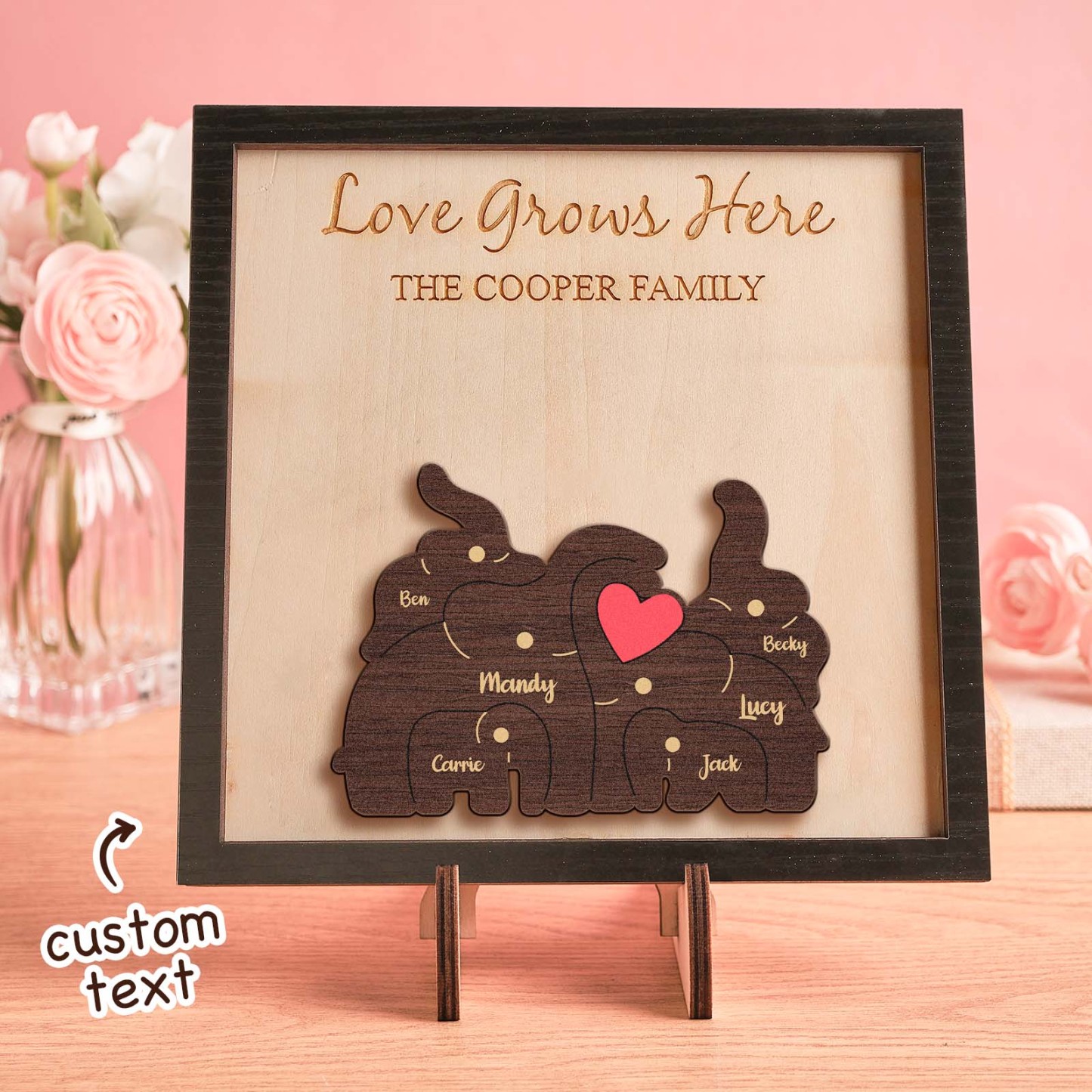 Custom Name Elephant Family Puzzle Wooden Frame Personalized Wooden Home Decorations Motther's Day Gift - NameNecklace - myphotowallet