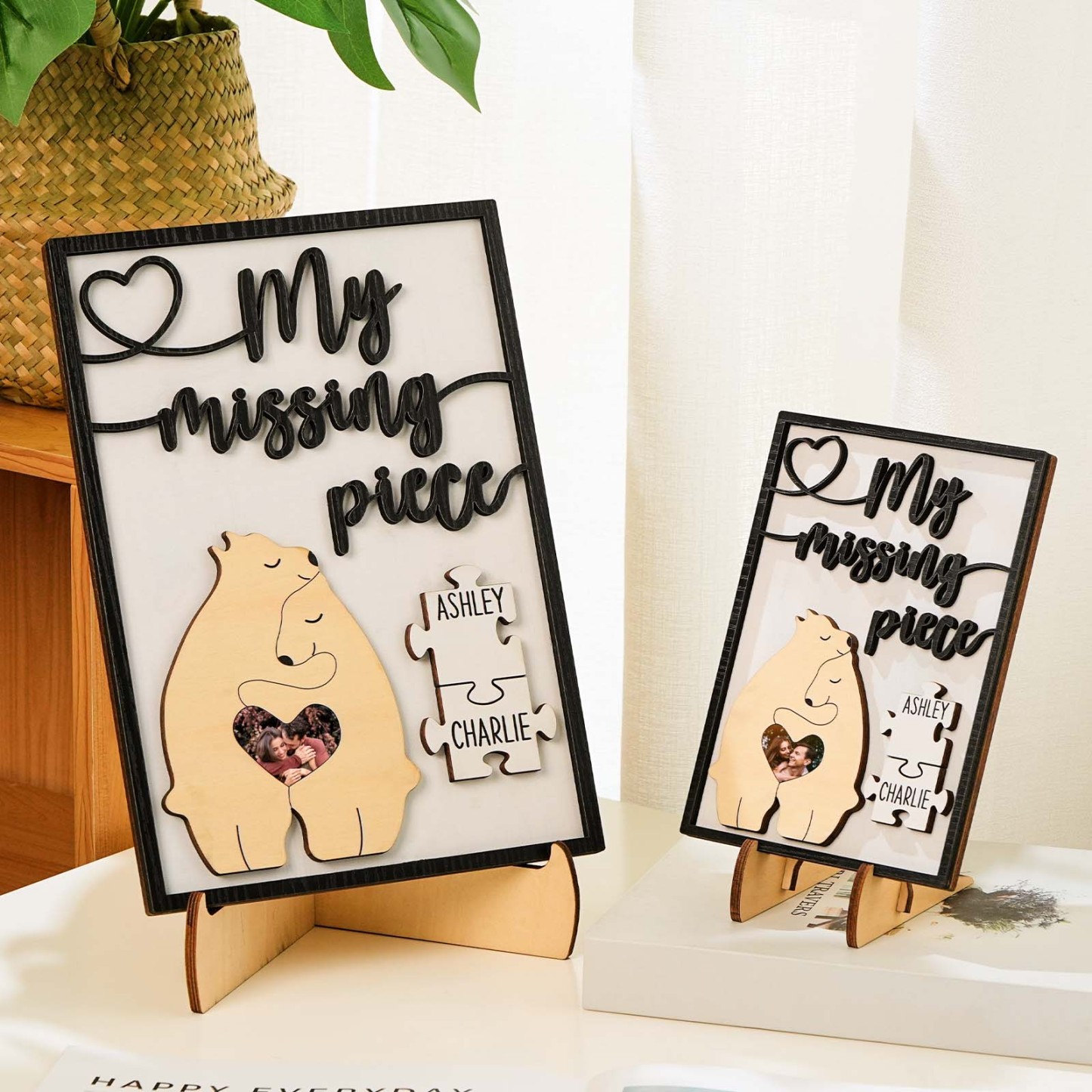My Missing Piece Personalized Photo and Name Bear Couple 2 Layered Wood Plaque - Myphotowallet