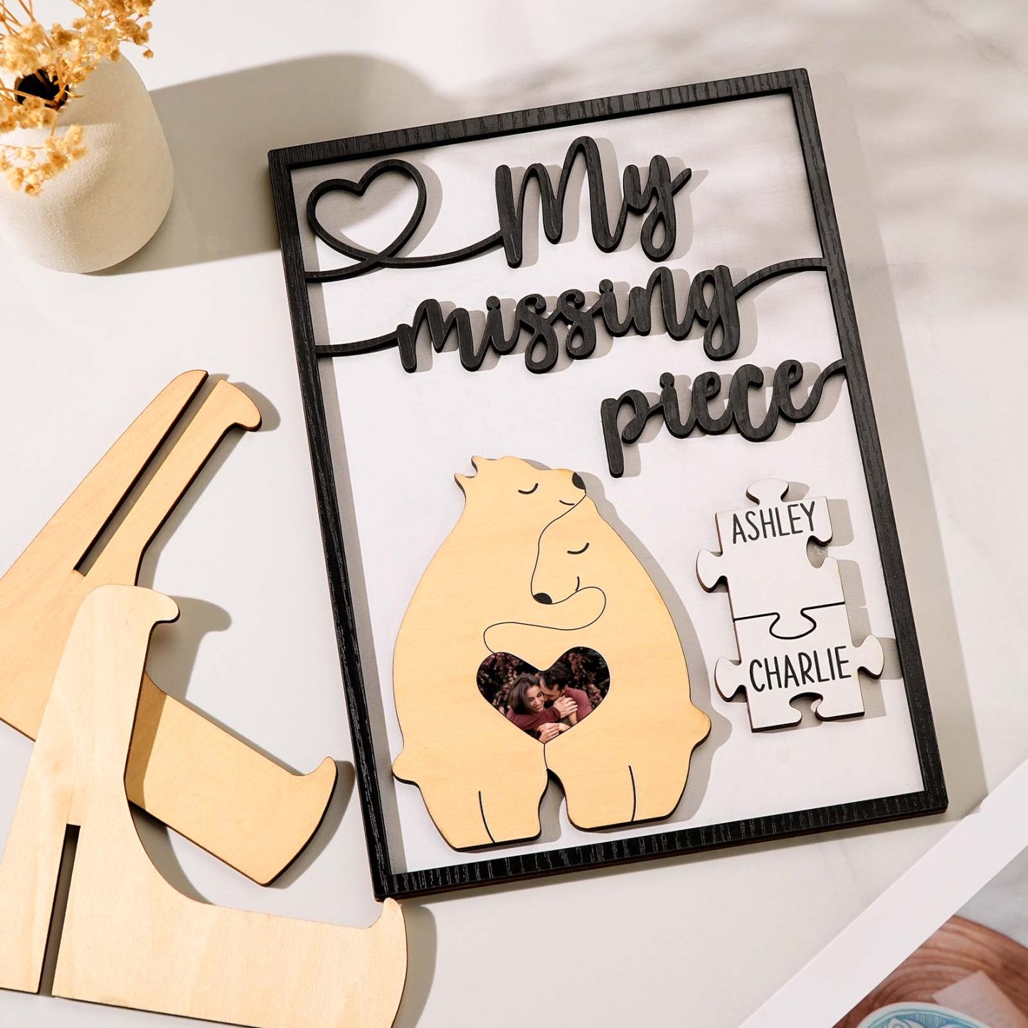 My Missing Piece Personalized Photo and Name Bear Couple 2 Layered Wood Plaque - Myphotowallet