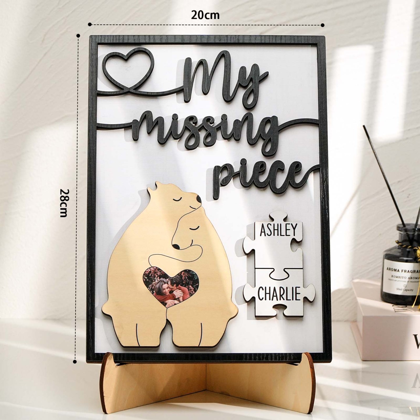 My Missing Piece Personalized Photo and Name Bear Couple 2 Layered Wood Plaque - Myphotowallet
