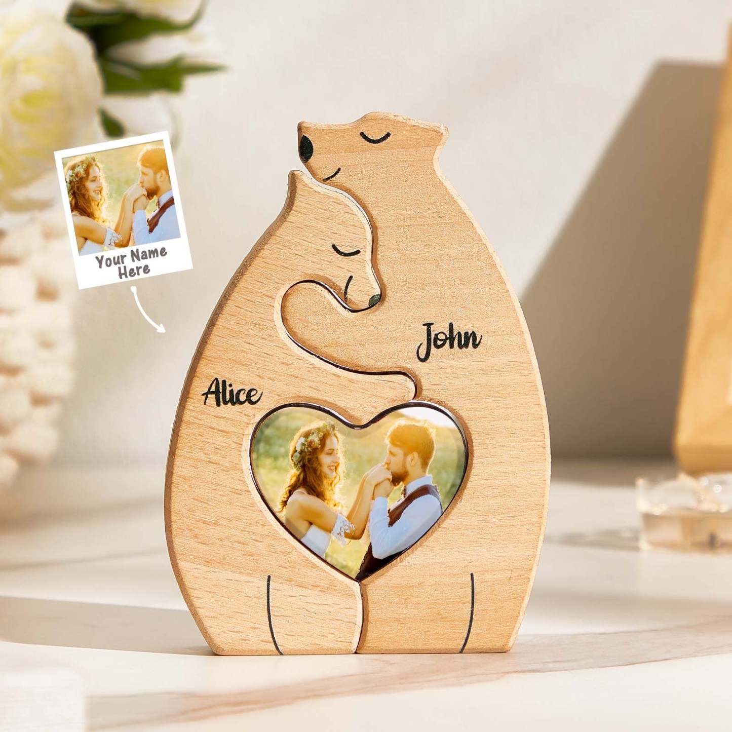 Personalized Bear Couple Wooden Art Puzzle with Names and Photos Gift for Couple - NameNecklace - myphotowallet
