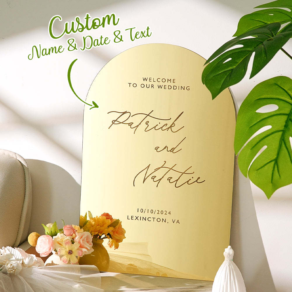 Personalized Arched Wedding Sign Gold Mirror Welcome Sign Gift for Wedding -