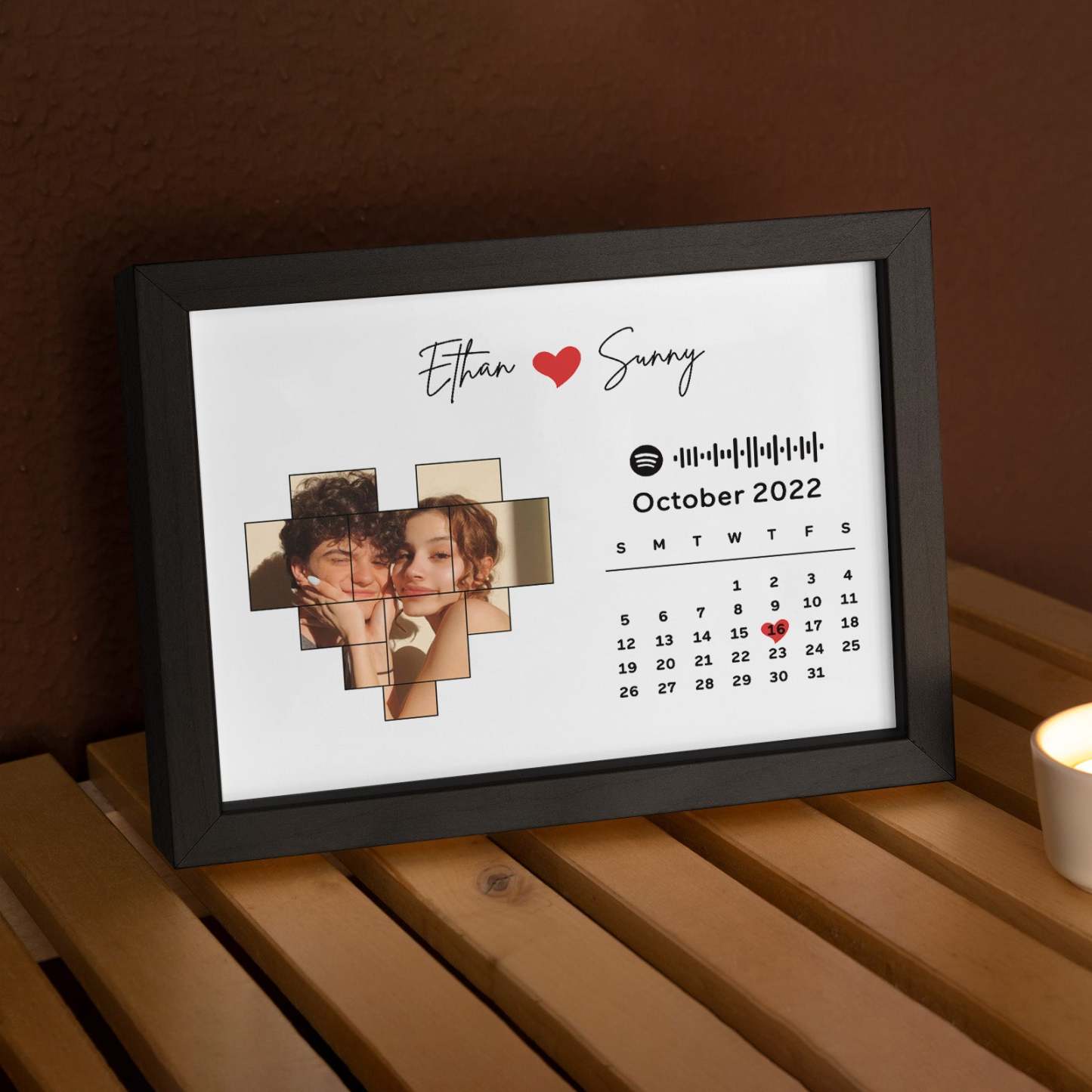 Custom Photo Calendar and Names with Spotify code Wooden Frame Gifts for Her Love Couple