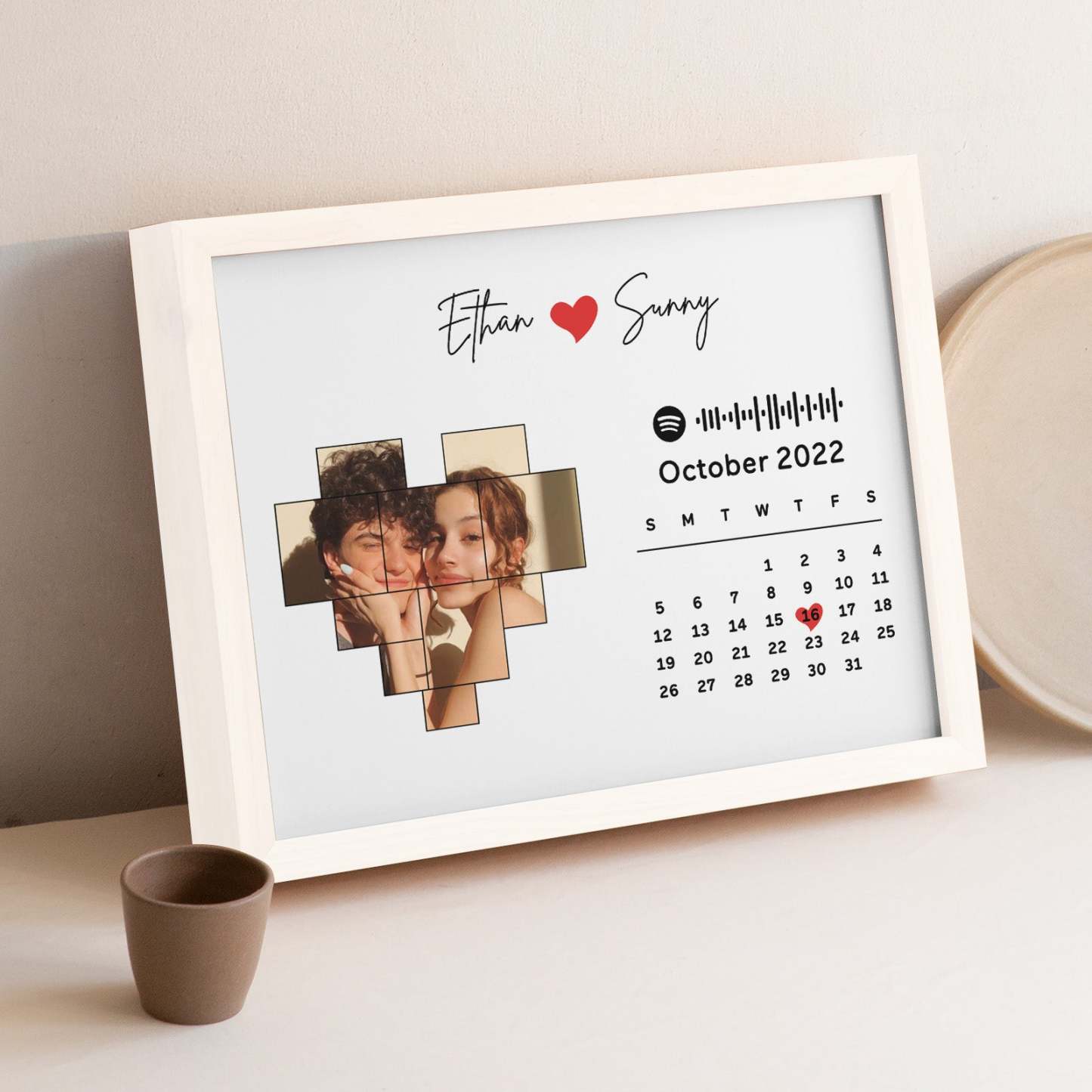 Custom Photo Calendar and Names with Spotify code Wooden Frame Gifts for Her Love Couple
