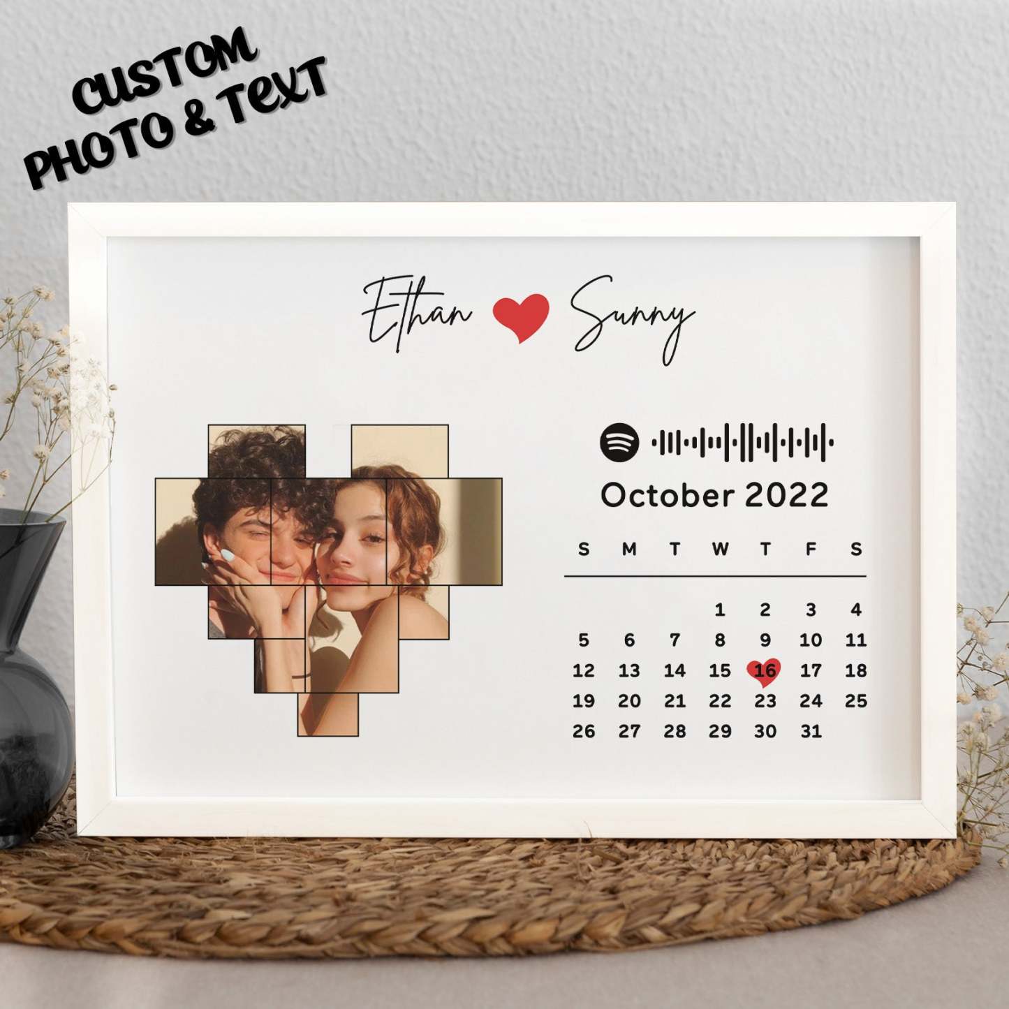 Custom Photo Calendar and Names with Spotify code Wooden Frame Gifts for Her Love Couple