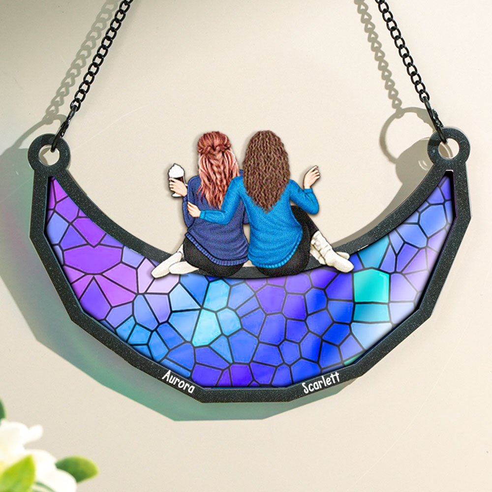 Mother and Daughter Sitting On The Moon - Personalized Window Hanging Suncatcher Ornament