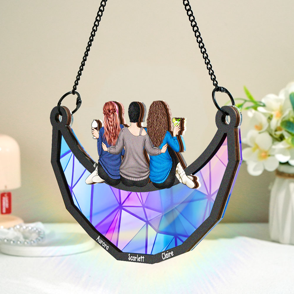 Mother and Daughter Sitting On The Moon - Personalized Window Hanging Suncatcher Ornament