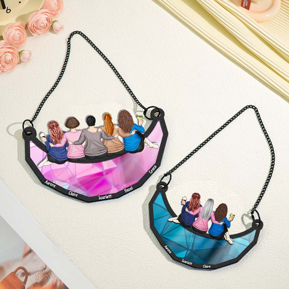 Mother and Daughter Sitting On The Moon - Personalized Window Hanging Suncatcher Ornament