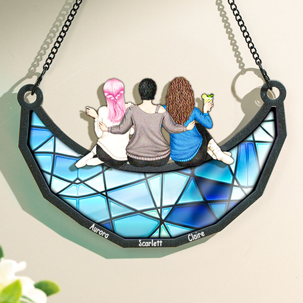 Mother and Daughter Sitting On The Moon - Personalized Window Hanging Suncatcher Ornament