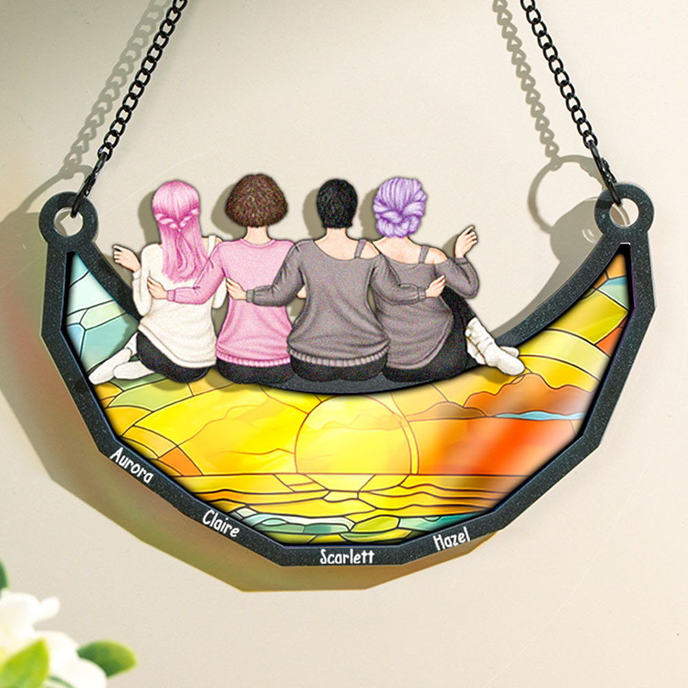 Mother and Daughter Sitting On The Moon - Personalized Window Hanging Suncatcher Ornament