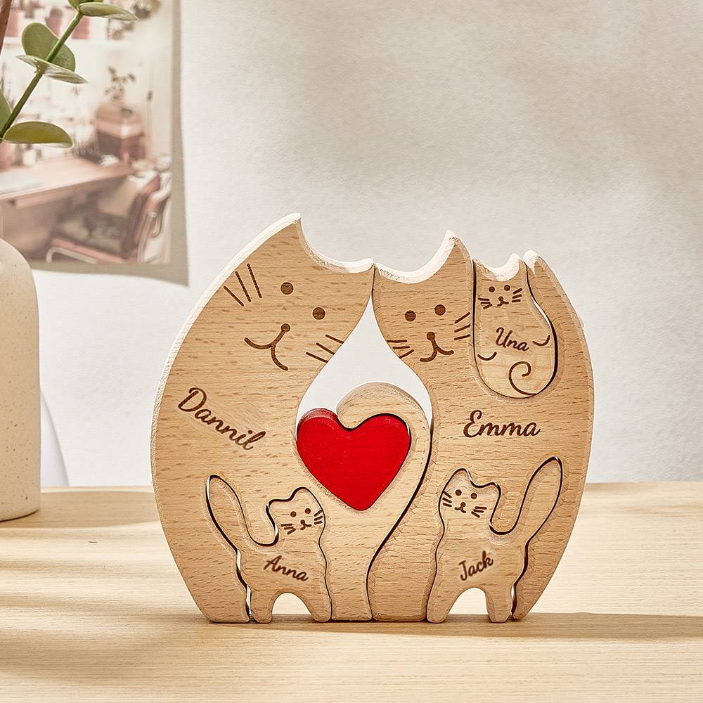 Personalized Wooden Cats Custom Family Member Names Puzzle Home Decor Gifts - NameNecklace - myphotowallet