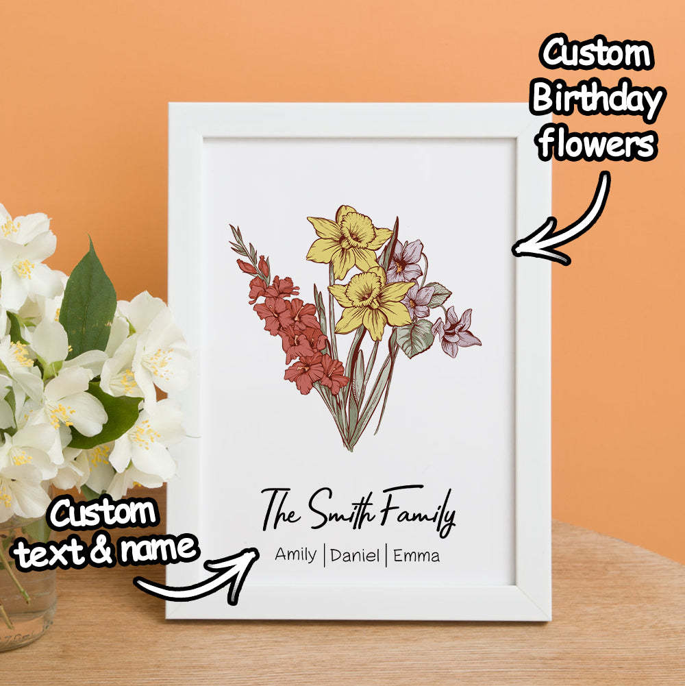 Personalized Birth flower Bouquet White Names Frame Gift for Mom - Myphotowallet