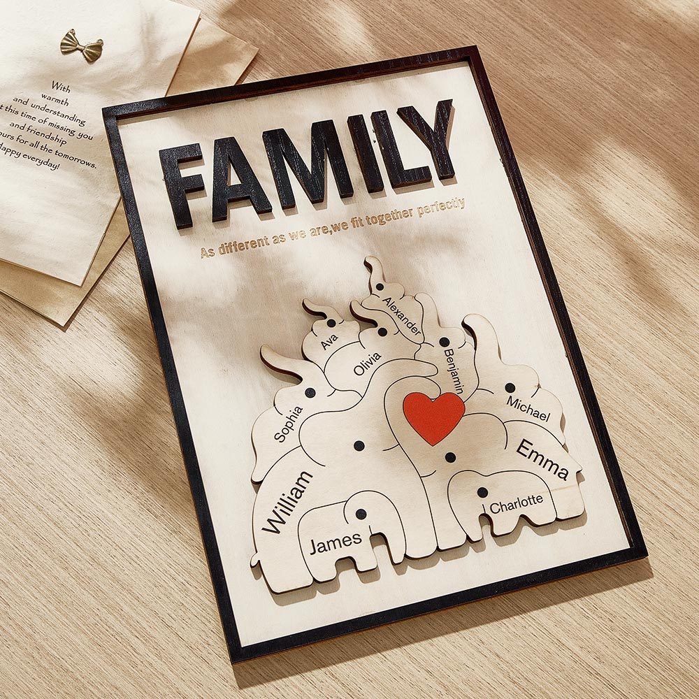 Personalized Family Elephant Wooden Plaque Custom Family Member Name Sign Gift for Mom - NameNecklace - myphotowallet