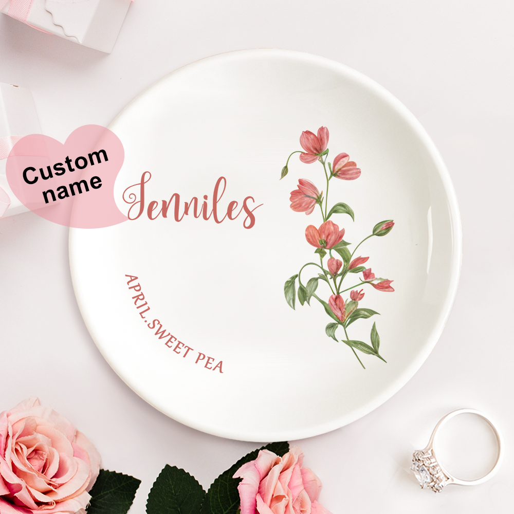 Personalized Birth Flower Floral Ring Jewelry Dish Gift for Her -