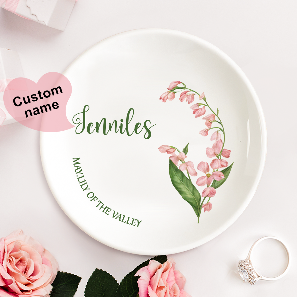 Personalized Birth Flower Floral Ring Jewelry Dish Gift for Her -