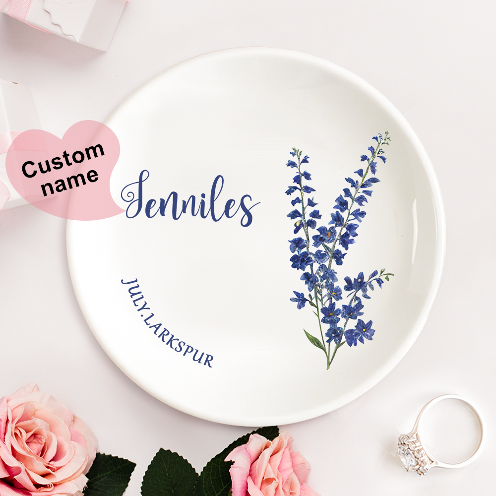 Personalized Birth Flower Floral Ring Jewelry Dish Gift for Her -