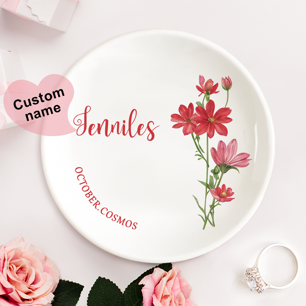 Personalized Birth Flower Floral Ring Jewelry Dish Gift for Her -