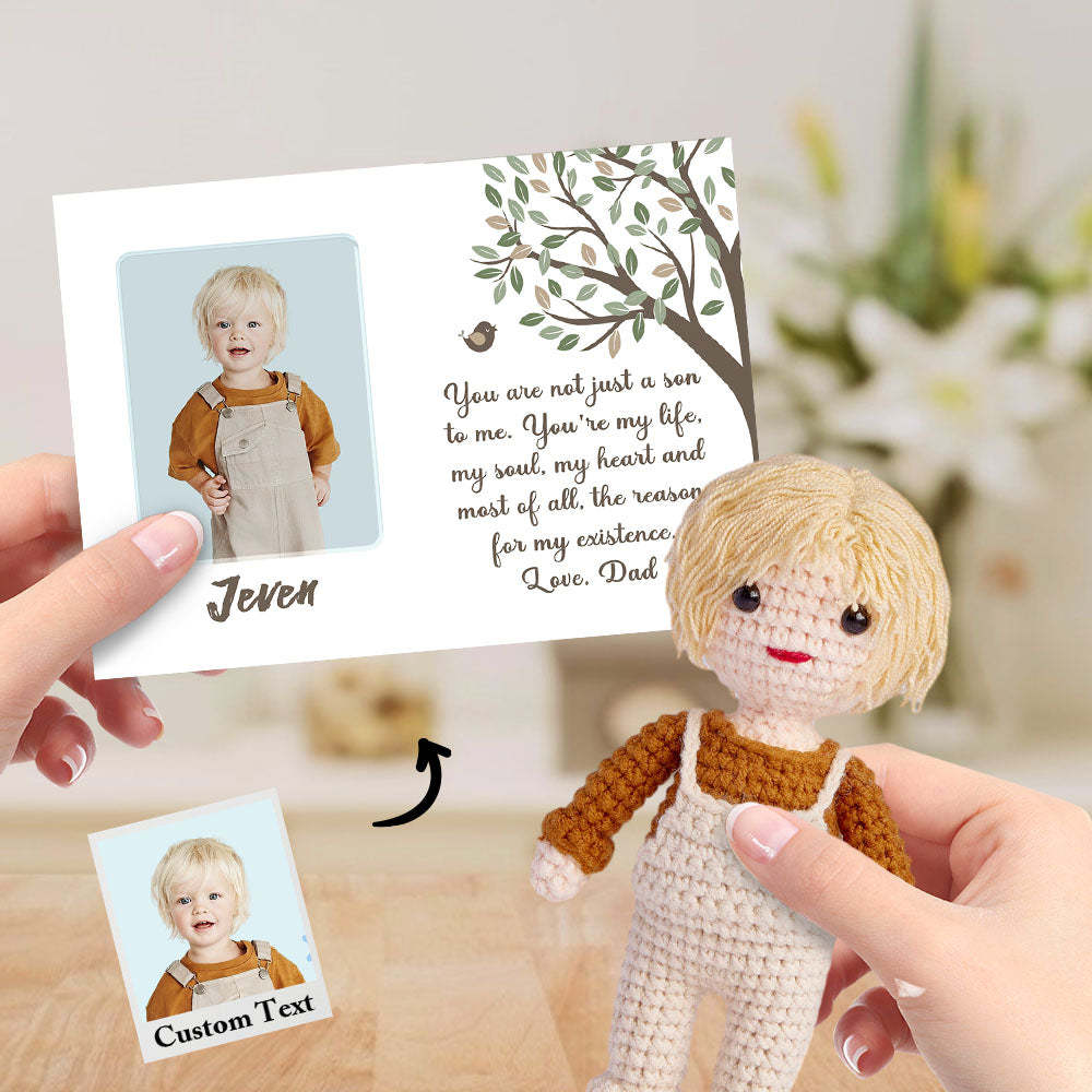 To My Son Custom Crochet Doll from Photo Handmade Look alike Dolls with Personalized Name Card - Myphotowallet