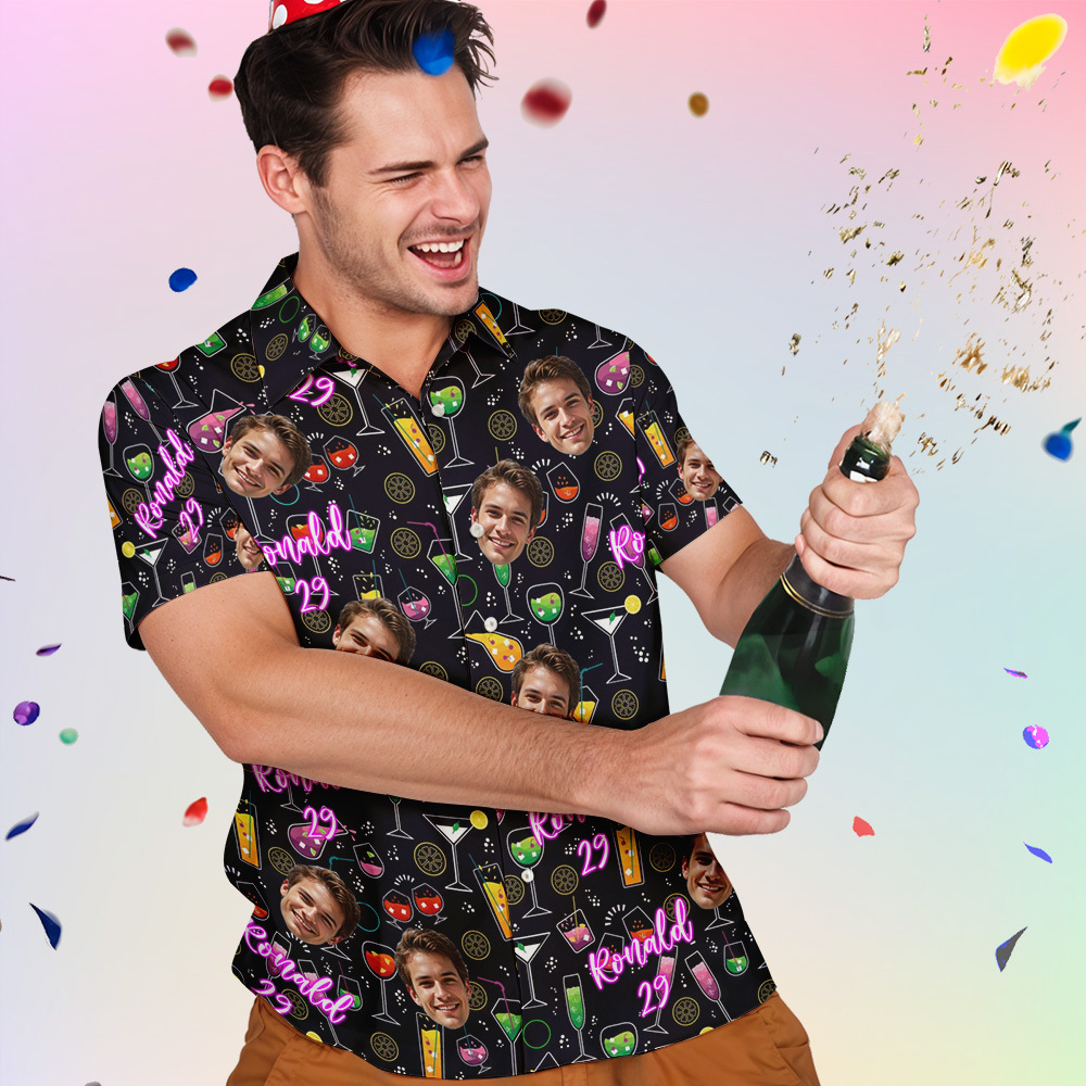 Custom Face Hawaiian Shirt with Name & Age Funny Cocktail Birthday Shirt for Men, Party Outfit, Beach Vacation, Bar Night Gift Idea -