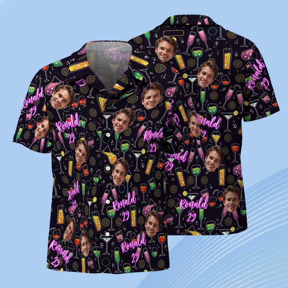 Custom Face Hawaiian Shirt with Name & Age Funny Cocktail Birthday Shirt for Men, Party Outfit, Beach Vacation, Bar Night Gift Idea -