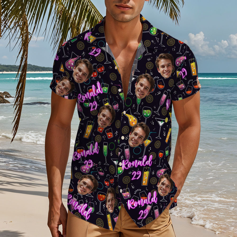 Custom Face Hawaiian Shirt with Name & Age Funny Cocktail Birthday Shirt for Men, Party Outfit, Beach Vacation, Bar Night Gift Idea -