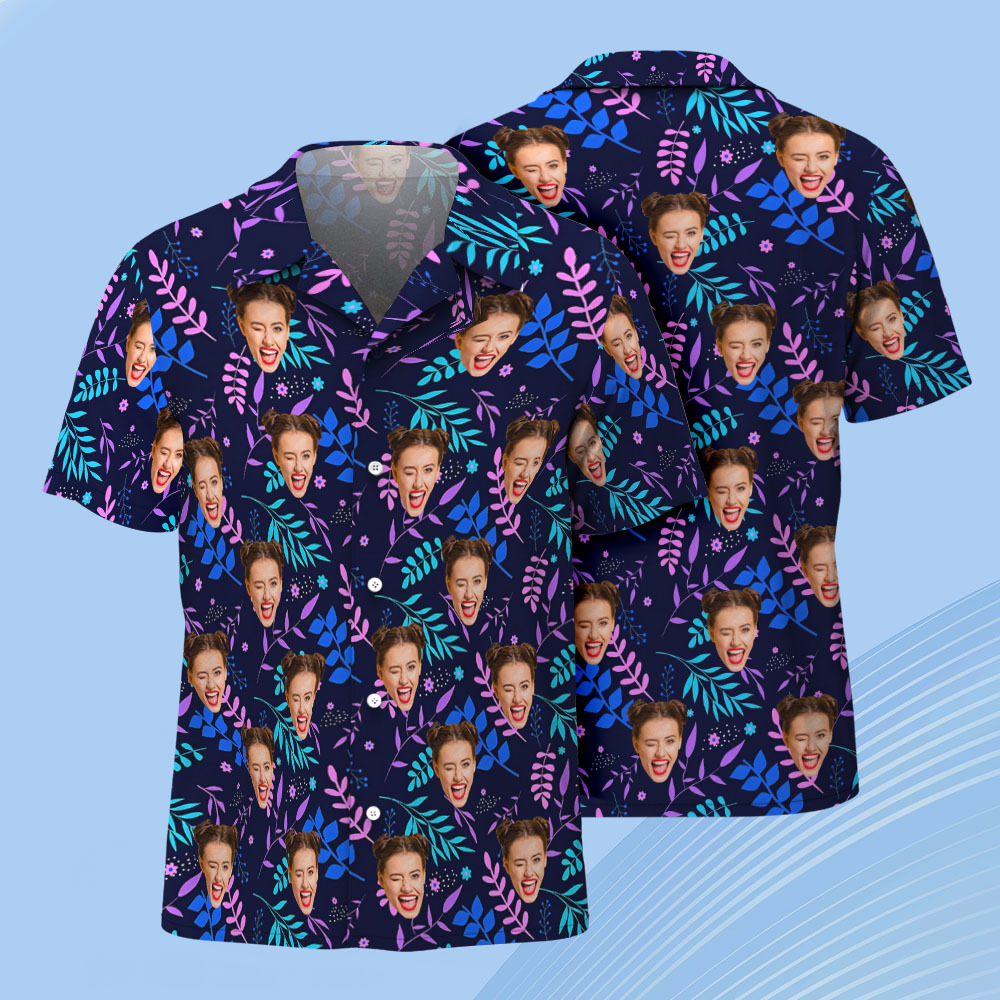 Colorful Tropical Leaves Custom Face Shirt Personalized Hawaiian Shirt for Men, Vacation, Birthday Party, Trip Gift -