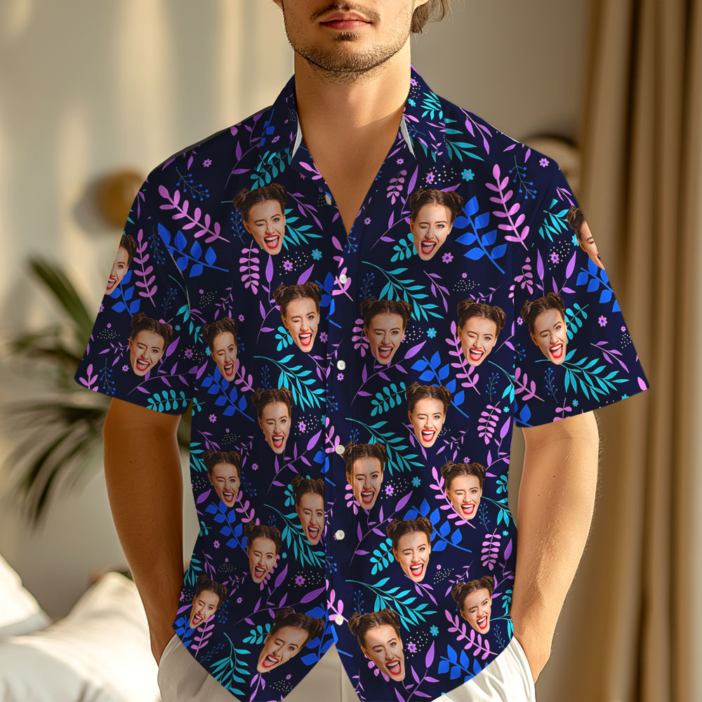 Colorful Tropical Leaves Custom Face Shirt Personalized Hawaiian Shirt for Men, Vacation, Birthday Party, Trip Gift -