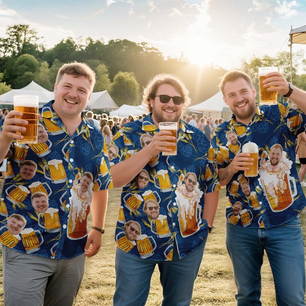 Custom Face Giant Beer Stein Blue Hawaiian Shirt Personalized Beer Lover Shirt for Parties, Festivals or Dad’s Gift -