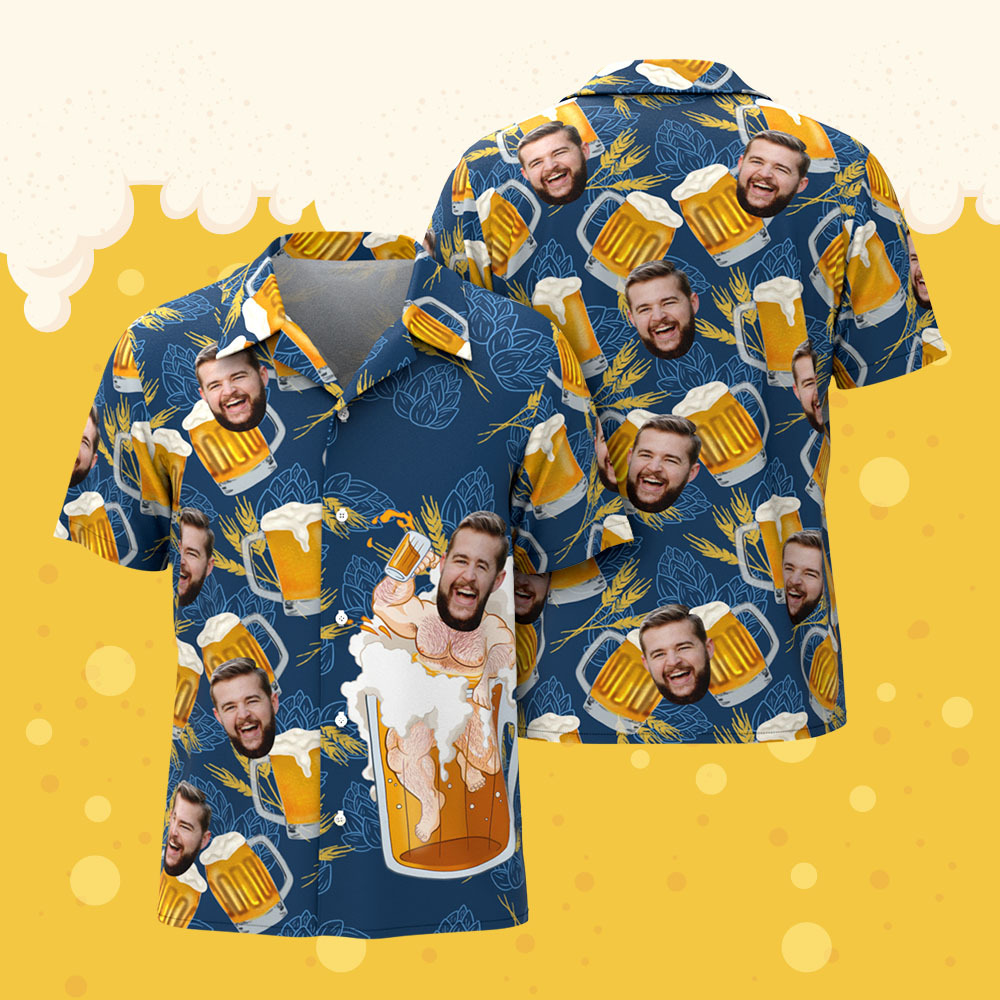 Custom Face Giant Beer Stein Blue Hawaiian Shirt Personalized Beer Lover Shirt for Parties, Festivals or Dad’s Gift -