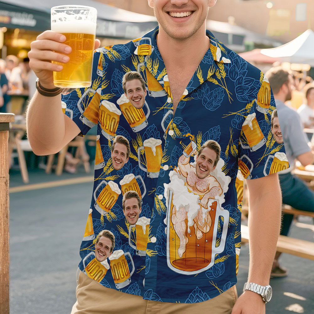 Custom Face Giant Beer Stein Blue Hawaiian Shirt Personalized Beer Lover Shirt for Parties, Festivals or Dad’s Gift -