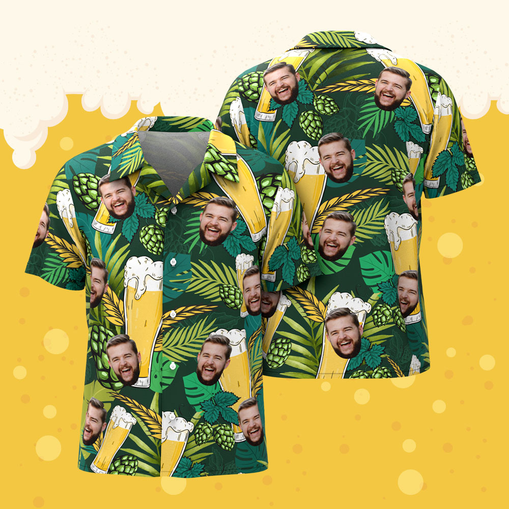 Custom Face Tropical Lager Leaf Hawaiian Shirt Funny Personalized Beer Shirt for Beer Lover, Summer BBQ, Camping -