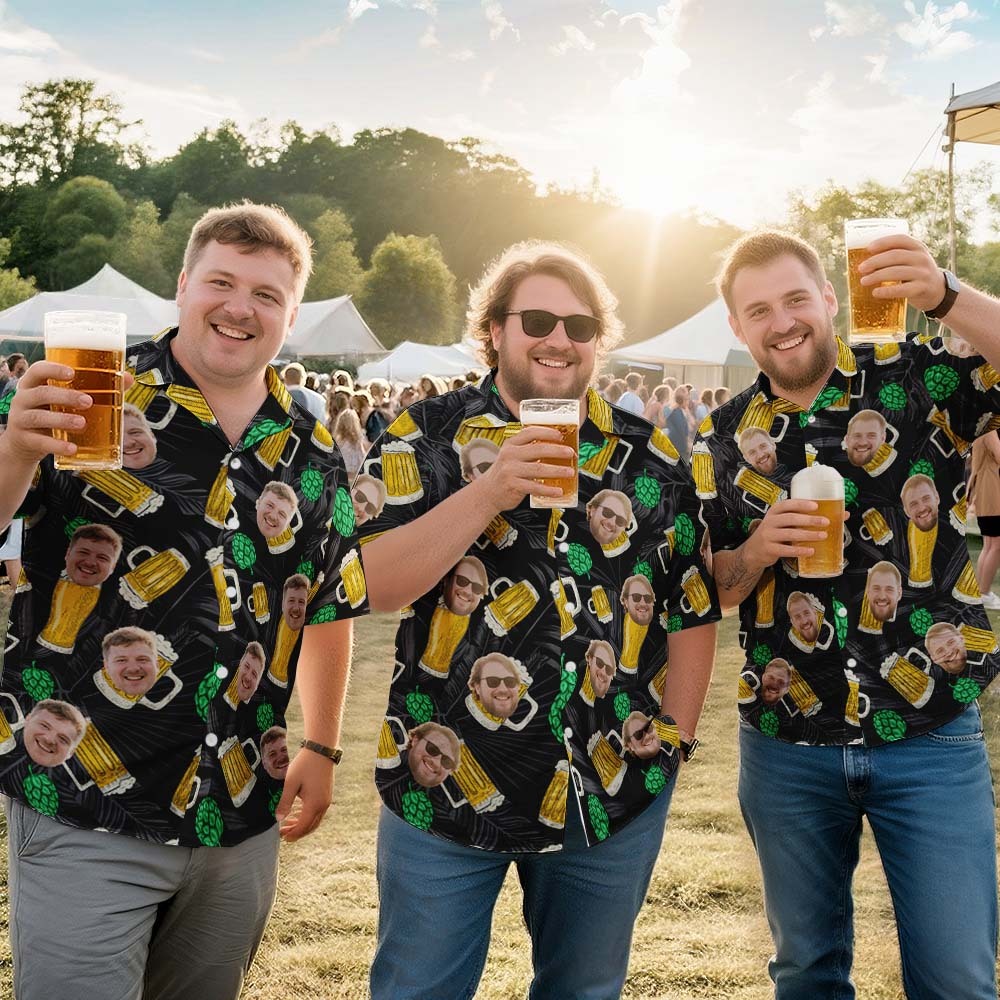 Custom Face Beer & Hops Black Hawaiian Shirt – Funny Drinking Shirt for Men, Oktoberfest, Pub Crawl, or Vacation Outfit -