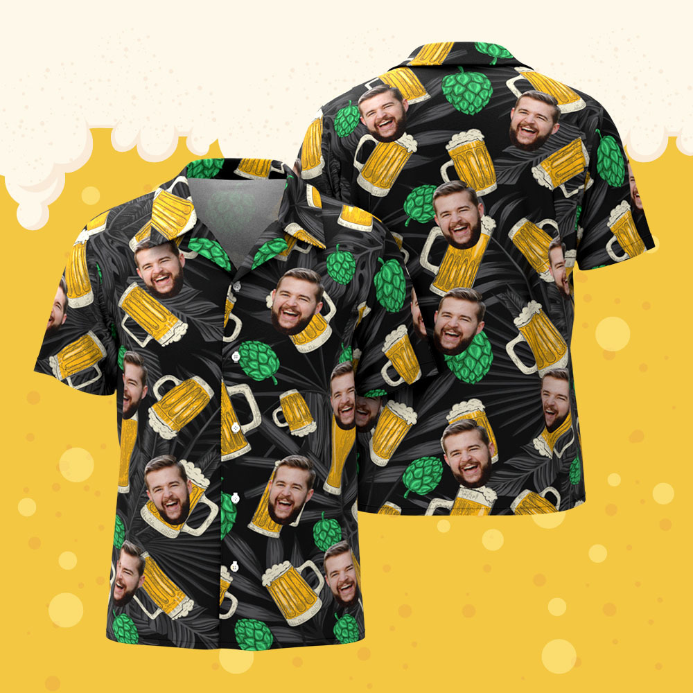 Custom Face Beer & Hops Black Hawaiian Shirt – Funny Drinking Shirt for Men, Oktoberfest, Pub Crawl, or Vacation Outfit -