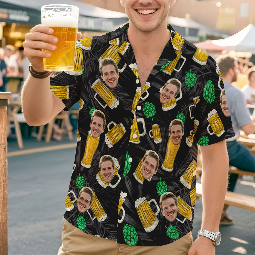 Custom Face Beer & Hops Black Hawaiian Shirt – Funny Drinking Shirt for Men, Oktoberfest, Pub Crawl, or Vacation Outfit -