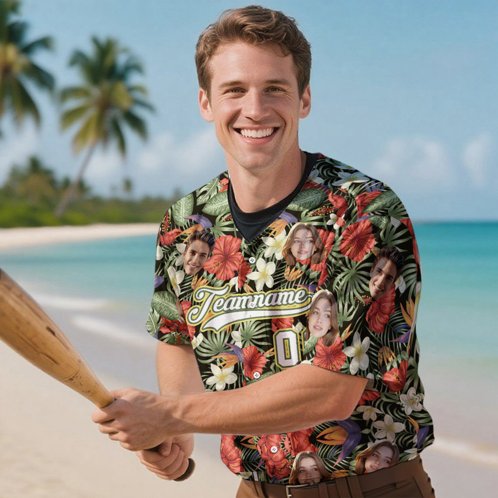 Custom Hawaiian Baseball Jersey with Face Teamname Name Number Personalized Hawaii Floral Shirt for Men Women - 