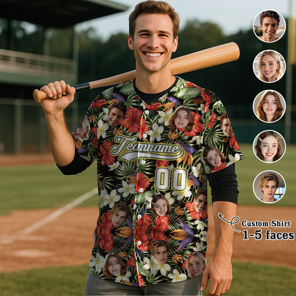Custom Hawaiian Baseball Jersey with Face Teamname Name Number Personalized Hawaii Floral Shirt for Men Women - 