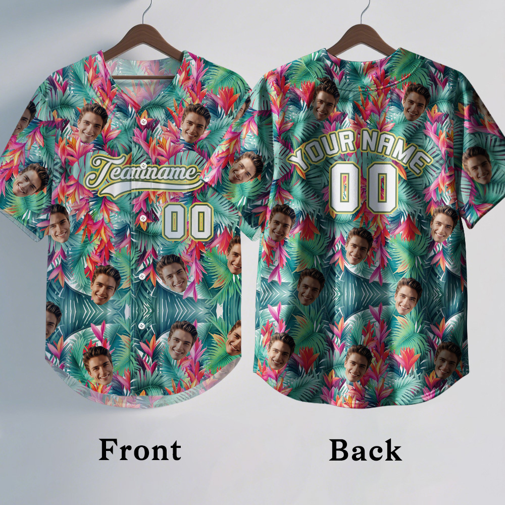 Custom Hawaiian Baseball Jersey with Face Teamname Name Number Personalized Hawaii Floral Shirt for Men Women - 