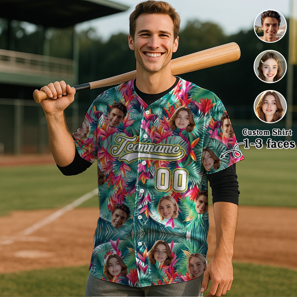 Custom Hawaiian Baseball Jersey with Face Teamname Name Number Personalized Hawaii Floral Shirt for Men Women - 