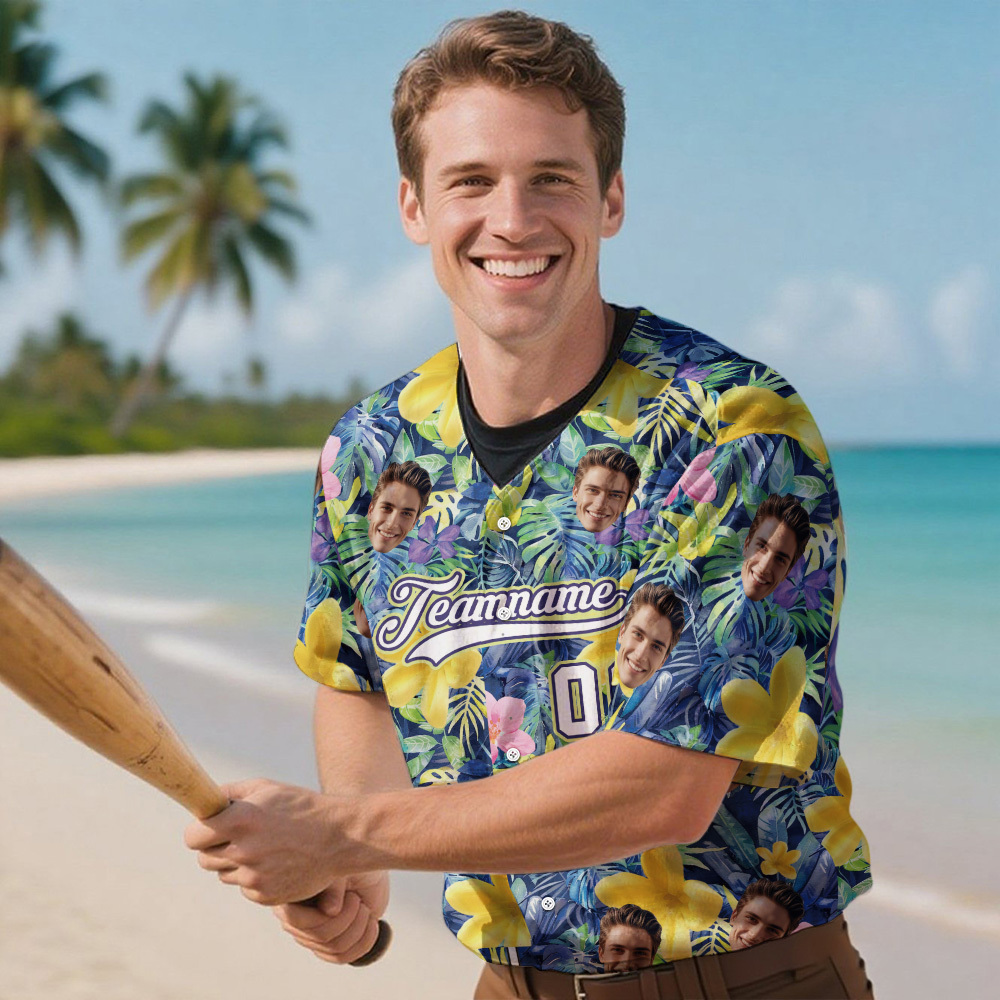 Custom Hawaiian Baseball Jersey with Face Teamname Name Number Personalized Hawaii Floral Shirt for Men Women - 