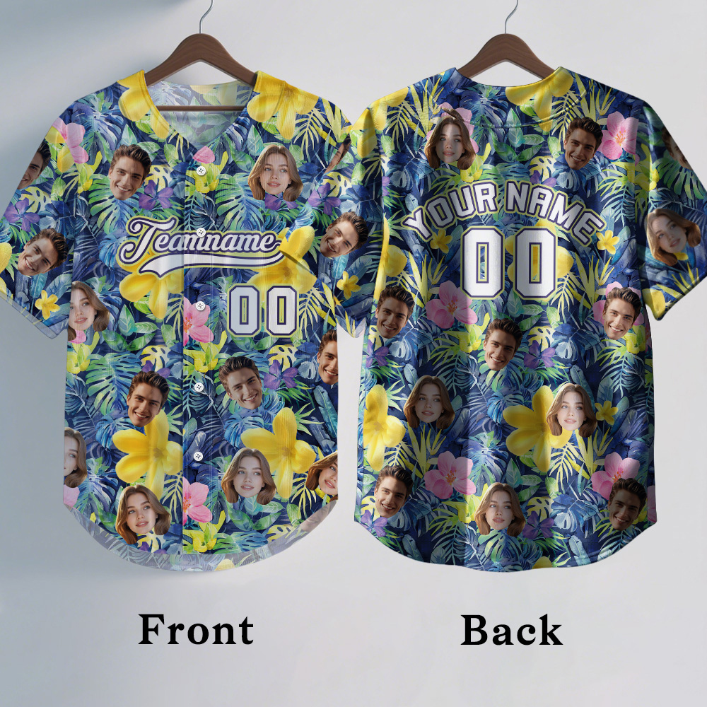 Custom Hawaiian Baseball Jersey with Face Teamname Name Number Personalized Hawaii Floral Shirt for Men Women - 