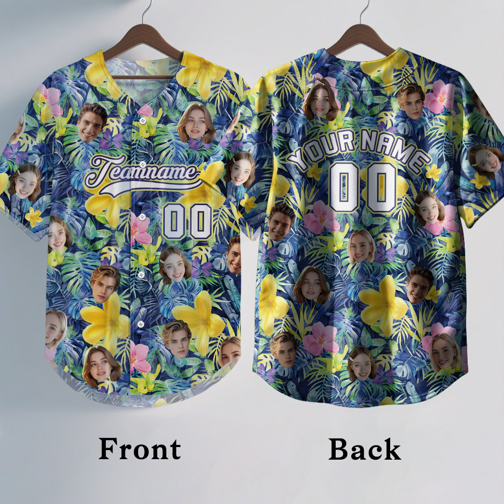Custom Hawaiian Baseball Jersey with Face Teamname Name Number Personalized Hawaii Floral Shirt for Men Women - 