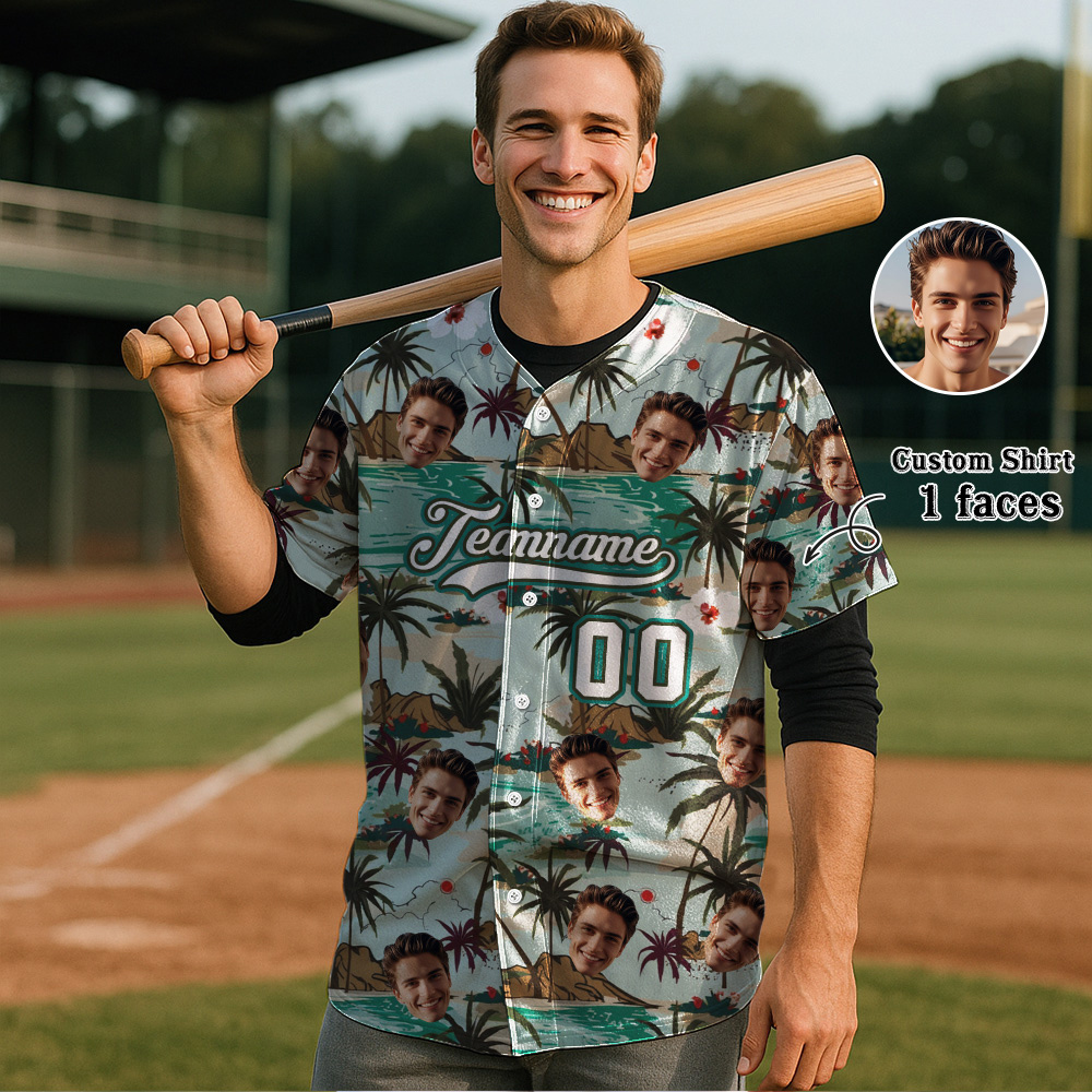 Custom Hawaiian Baseball Jersey with Face Teamname Name Number Personalized Hawaii Floral Shirt for Men Women - 