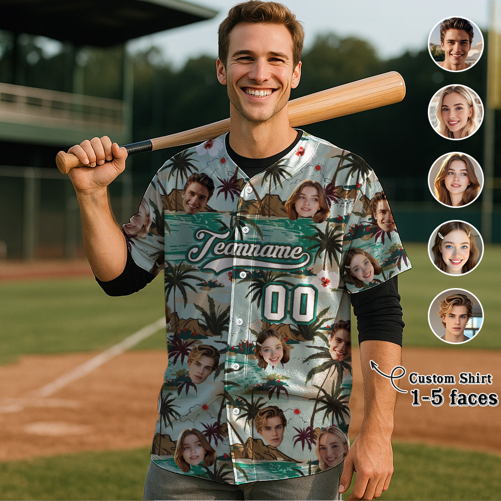 Custom Hawaiian Baseball Jersey with Face Teamname Name Number Personalized Hawaii Floral Shirt for Men Women - 