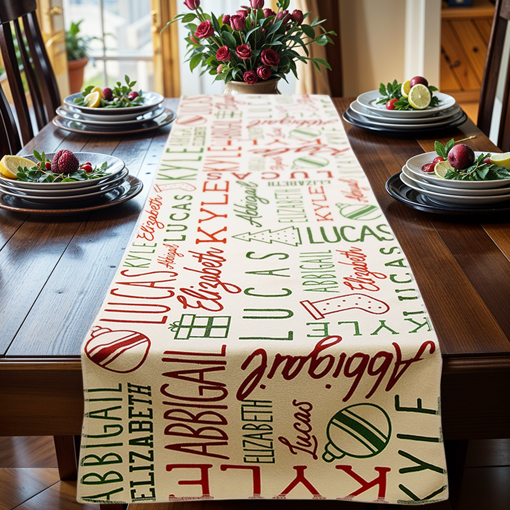 Holiday Repeating Name Personalized Christmas Table Runner- 16" x 60"